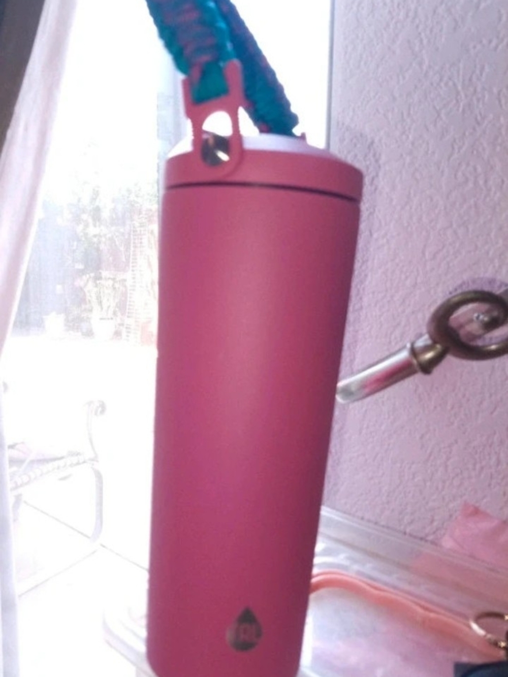 Matte Pink Insulated Travel Bottle with Carry Strap